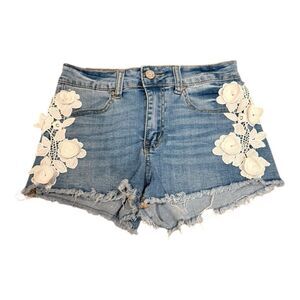 Indigo Rein Faded Blue Denim White Floral Accent High Rise Denim Embroidered